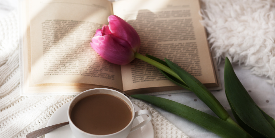pink tulip on book with coffee